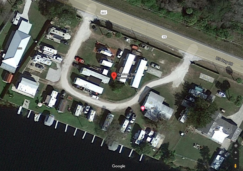 satellite view of Gracious Tiny House Park in Okeechobee Florida shows how close the lots are spaced and shows the layout of our tiny home community from overhead vantage point